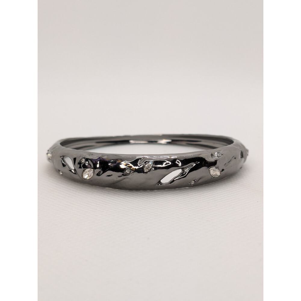 Alexis Bittar Gun Metal Rhinestone Bangle 8" Stackable Graduated Cutouts